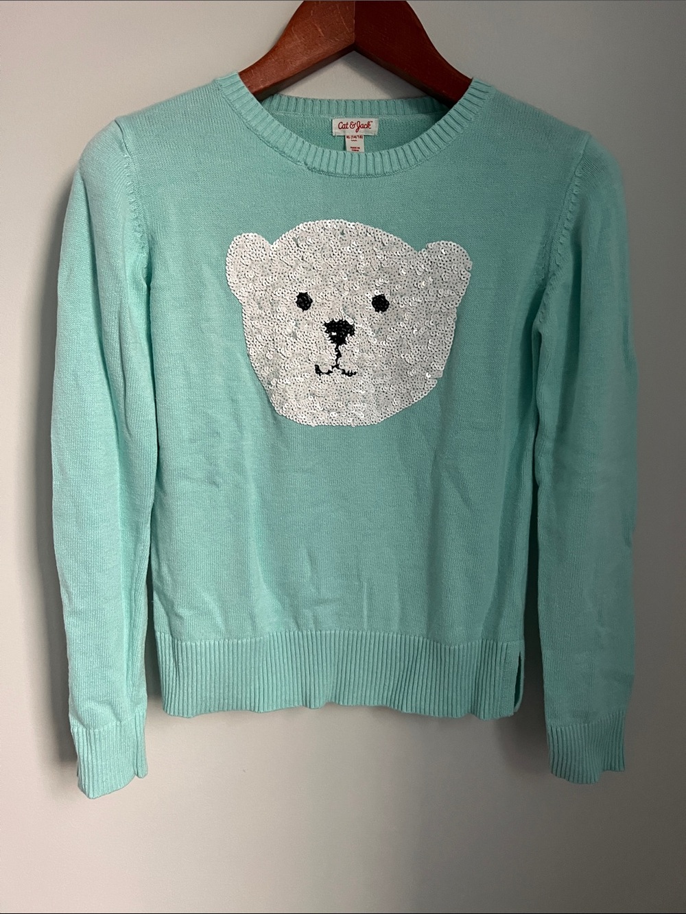 Cat & Jack | Kids Mint Sequin Bear Crewneck Sweater Size XL (14-16)